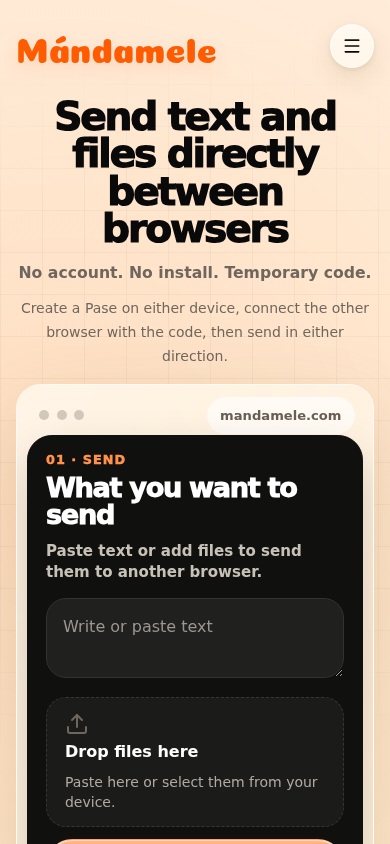 Mándamele start screen with the introduction and panel for sending text or files