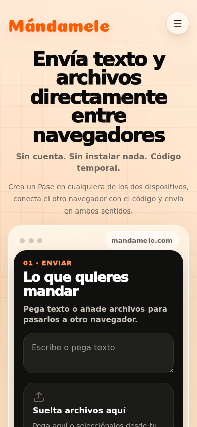 Pantalla inicial de Mándamele con la presentación y el panel para enviar texto o archivos